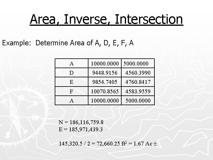 Area, Inverse, Intersection Example: Determine Area of A, D, E, F, A A 10000