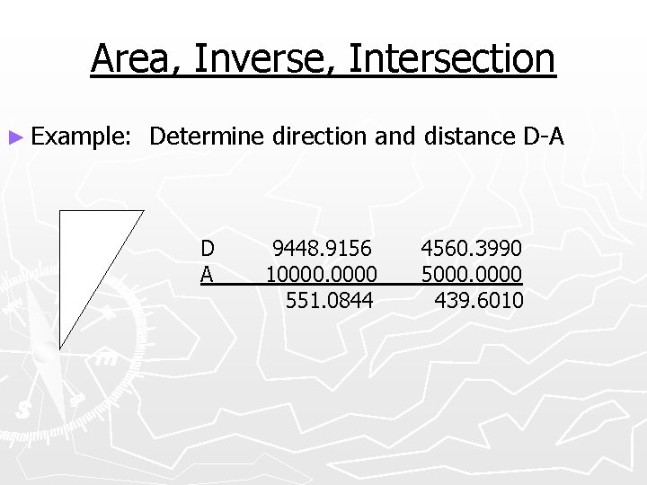 Area, Inverse, Intersection ► Example: Determine direction and distance D-A D A 9448. 9156