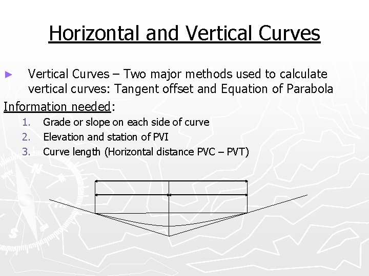 Horizontal and Vertical Curves – Two major methods used to calculate vertical curves: Tangent
