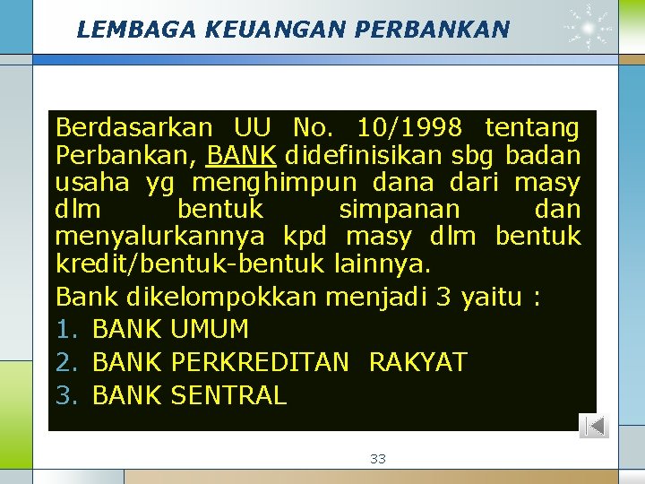 LEMBAGA KEUANGAN PERBANKAN Berdasarkan UU No. 10/1998 tentang Perbankan, BANK didefinisikan sbg badan usaha