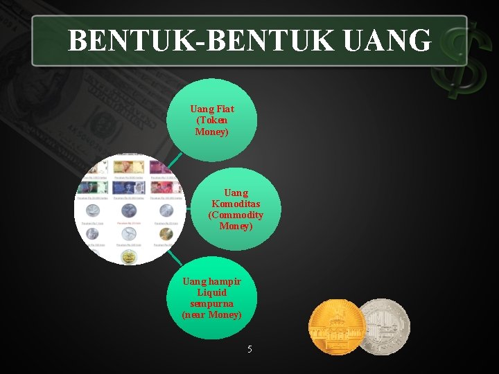 BENTUK-BENTUK UANG Uang Fiat (Token Money) Uang Komoditas (Commodity Money) Uang hampir Liquid sempurna