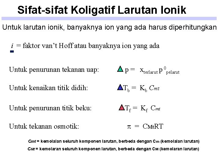 Sifat-sifat Koligatif Larutan Ionik Untuk larutan ionik, banyaknya ion yang ada harus diperhitungkan i