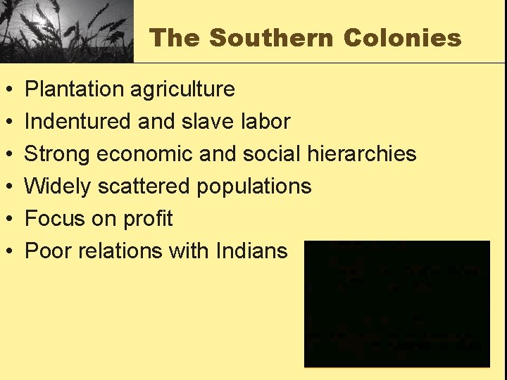 The Southern Colonies • • • Plantation agriculture Indentured and slave labor Strong economic