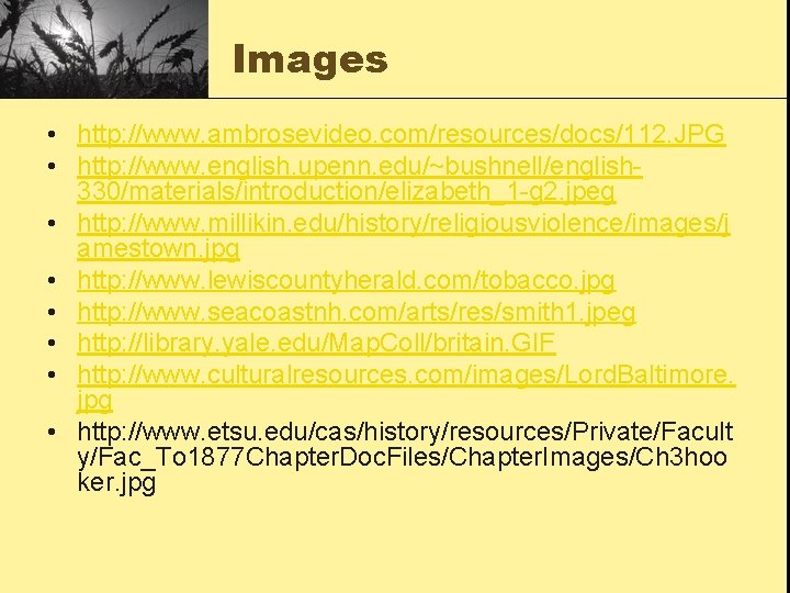 Images • http: //www. ambrosevideo. com/resources/docs/112. JPG • http: //www. english. upenn. edu/~bushnell/english 330/materials/introduction/elizabeth_1