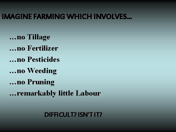 IMAGINE FARMING WHICH INVOLVES… …no Tillage …no Fertilizer …no Pesticides …no Weeding …no Pruning