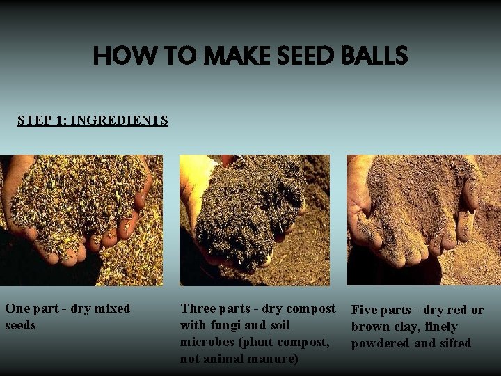 HOW TO MAKE SEED BALLS STEP 1: INGREDIENTS One part - dry mixed seeds