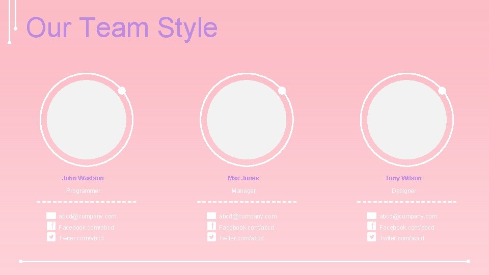 Our Team Style John Wastson Max Jones Tony Wilson Programmer Manager Designer abcd@company. com