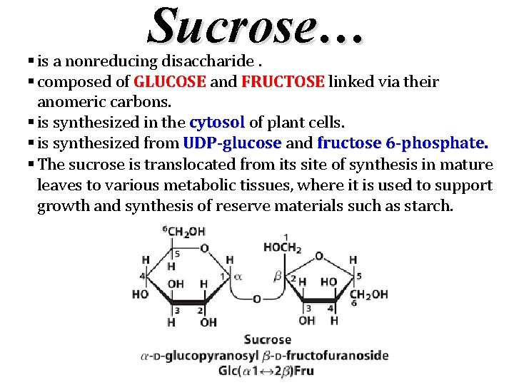 Sucrose… § is a nonreducing disaccharide. § composed of GLUCOSE and FRUCTOSE linked via