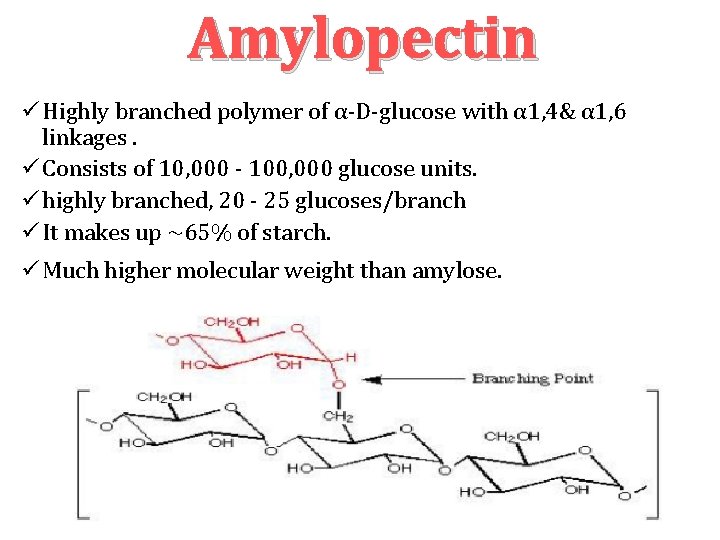 Amylopectin Highly branched polymer of α‐D‐glucose with α 1, 4& α 1, 6 linkages.