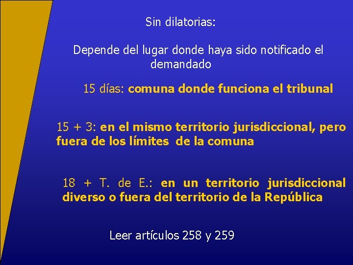 Sin dilatorias: Depende del lugar donde haya sido notificado el demandado 15 días: comuna