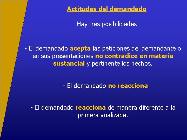 Actitudes del demandado Hay tres posibilidades - El demandado acepta las peticiones del demandante