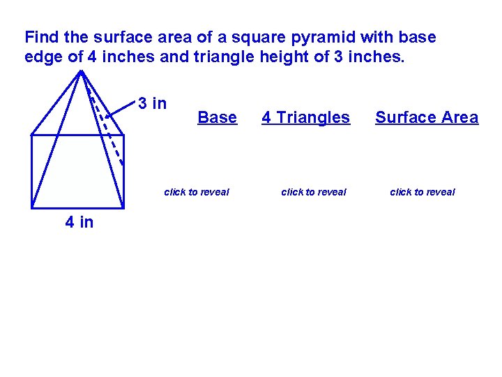 Find the surface area of a square pyramid with base edge of 4 inches