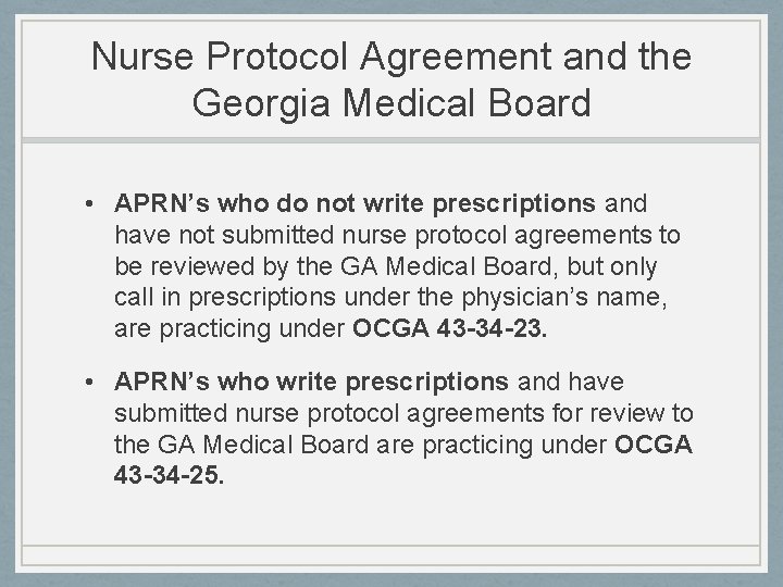 Nurse Protocol Agreement and the Georgia Medical Board • APRN’s who do not write