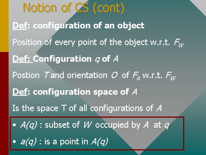 Notion of CS (cont) Def: configuration of an object Position of every point of
