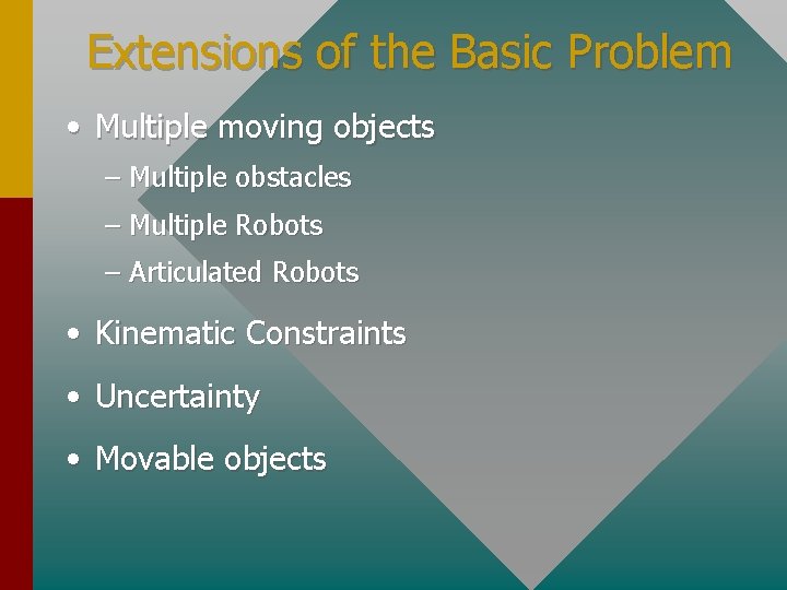 Extensions of the Basic Problem • Multiple moving objects – Multiple obstacles – Multiple