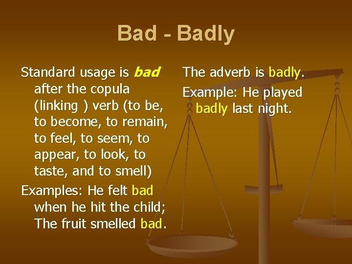 Bad - Badly Standard usage is bad after the copula (linking ) verb (to