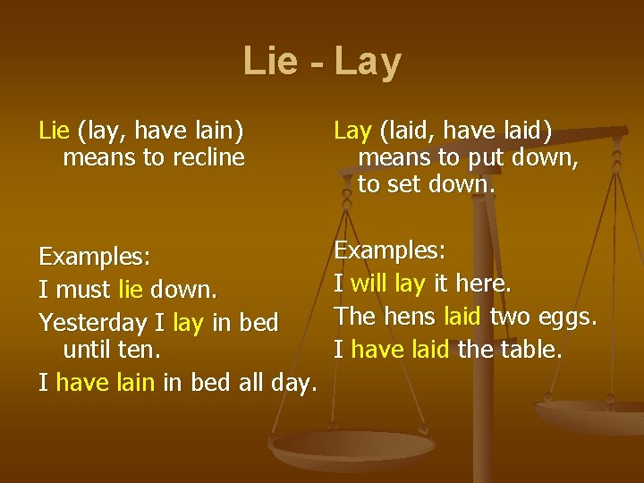 Lie - Lay Lie (lay, have lain) means to recline Lay (laid, have laid)