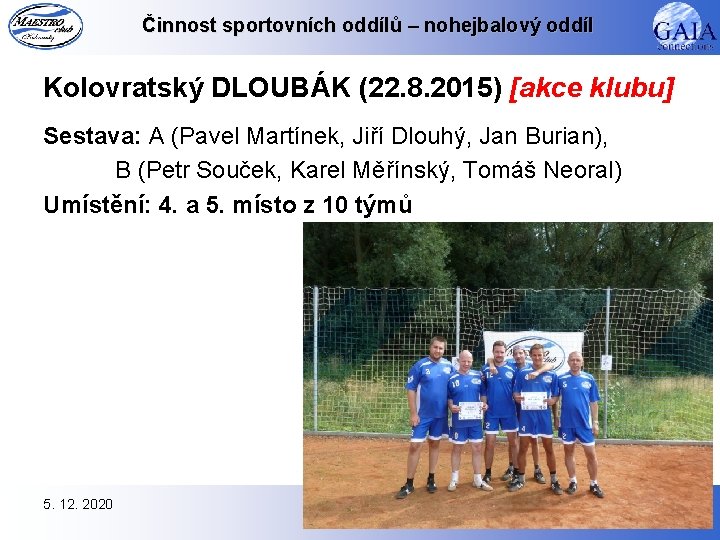 Činnost sportovních oddílů – nohejbalový oddíl Kolovratský DLOUBÁK (22. 8. 2015) [akce klubu] Sestava: