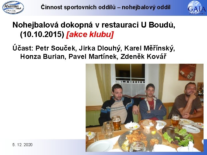 Činnost sportovních oddílů – nohejbalový oddíl Nohejbalová dokopná v restauraci U Boudů, (10. 2015)