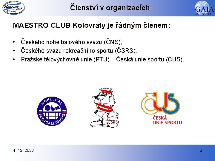 Členství v organizacích MAESTRO CLUB Kolovraty je řádným členem: • Českého nohejbalového svazu (ČNS),