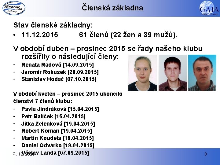 Členská základna Stav členské základny: • 11. 12. 2015 61 členů (22 žen a