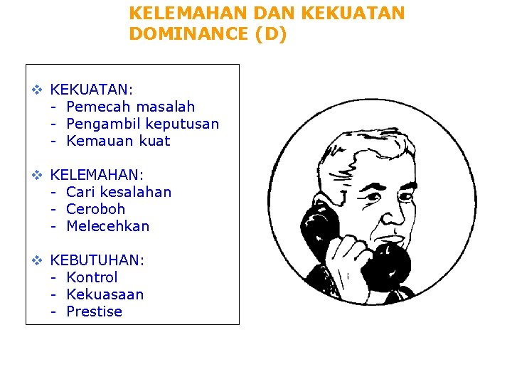 KELEMAHAN DAN KEKUATAN DOMINANCE (D) v KEKUATAN: - Pemecah masalah - Pengambil keputusan -