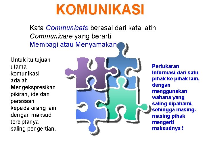 KOMUNIKASI Kata Communicate berasal dari kata latin Communicare yang berarti Membagi atau Menyamakan Untuk