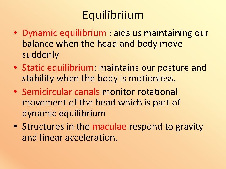Equilibriium • Dynamic equilibrium : aids us maintaining our balance when the head and