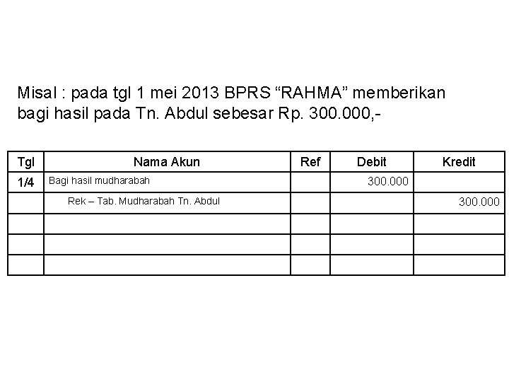 Misal : pada tgl 1 mei 2013 BPRS “RAHMA” memberikan bagi hasil pada Tn.