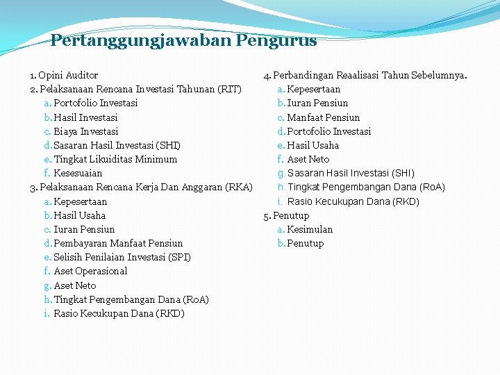 Pertanggungjawaban Pengurus 1. Opini Auditor 2. Pelaksanaan Rencana Investasi Tahunan (RIT) a. Portofolio Investasi