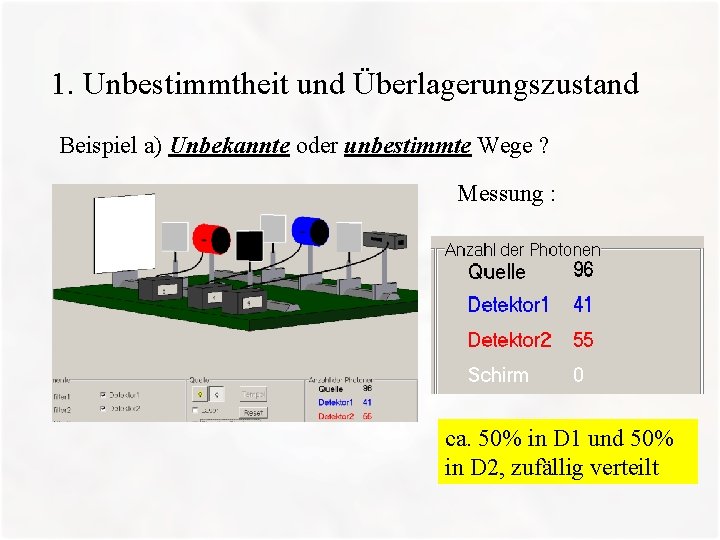 1. Unbestimmtheit und Überlagerungszustand Beispiel a) Unbekannte oder unbestimmte Wege ? Messung : ca.