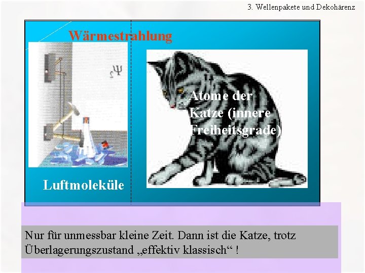 3. Wellenpakete und Dekohärenz Wärmestrahlung Atome der Katze (innere Freiheitsgrade) Luftmoleküle „Die -Funktion des