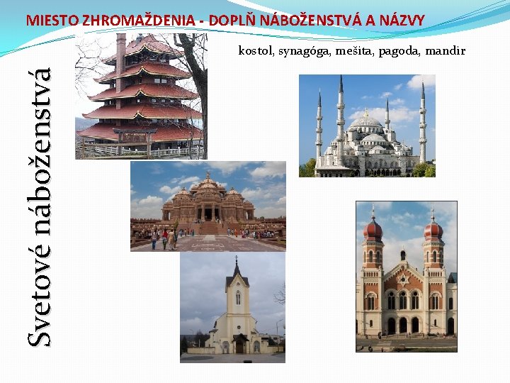 MIESTO ZHROMAŽDENIA - DOPLŇ NÁBOŽENSTVÁ A NÁZVY Svetové náboženstvá kostol, synagóga, mešita, pagoda, mandir