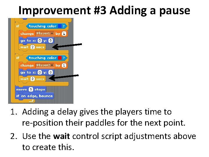 Improvement #3 Adding a pause 1. Adding a delay gives the players time to