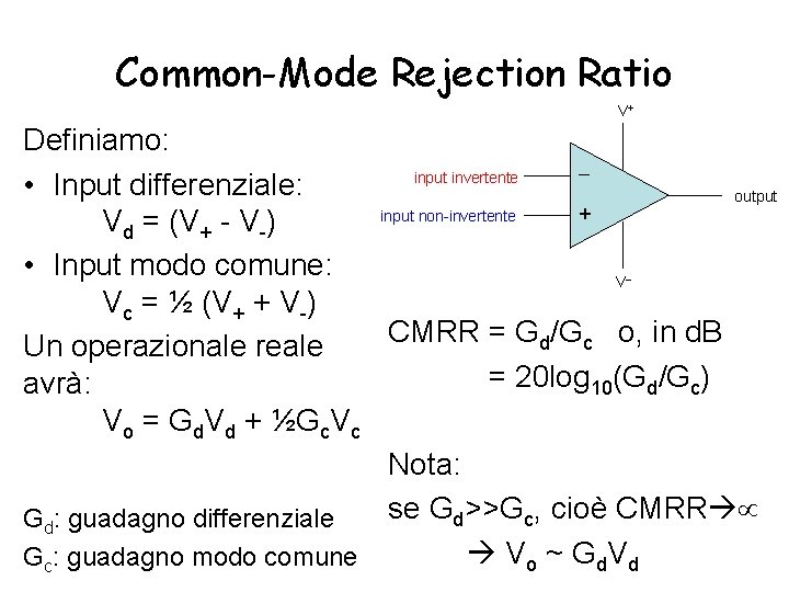 Common-Mode Rejection Ratio V+ Definiamo: input invertente • Input differenziale: output + input non-invertente