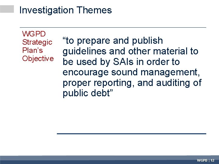 Investigation Themes WGPD Strategic Plan’s Objective “to prepare and publish guidelines and other material