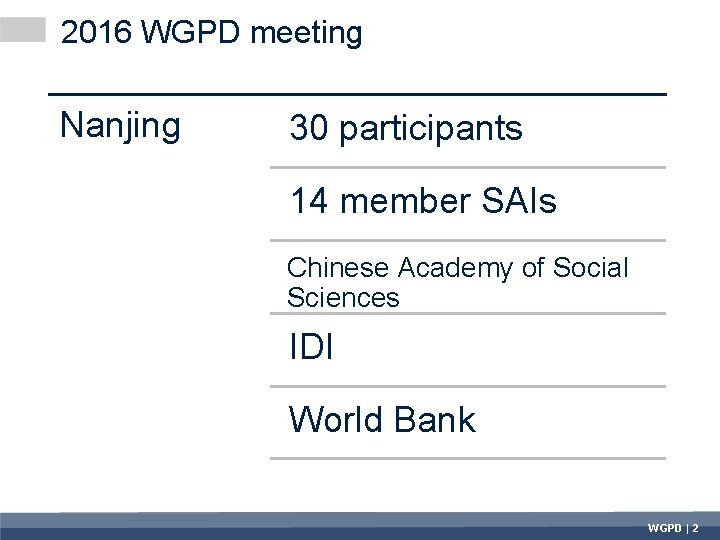 2016 WGPD meeting Nanjing 30 participants 14 member SAIs Chinese Academy of Social Sciences