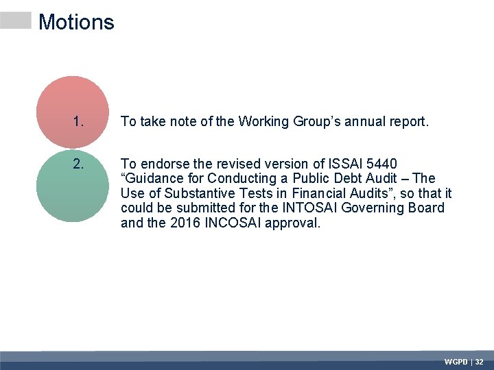 Motions 1. To take note of the Working Group’s annual report. 2. To endorse