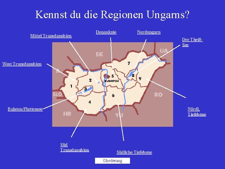 Kennst du die Regionen Ungarns? Mittel Transdanubien Donauknie Nordungarn Der TheißSee West Transdanubien Balaton/Plattensee