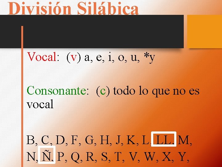 División Silábica Vocal: (v) a, e, i, o, u, *y Consonante: (c) todo lo