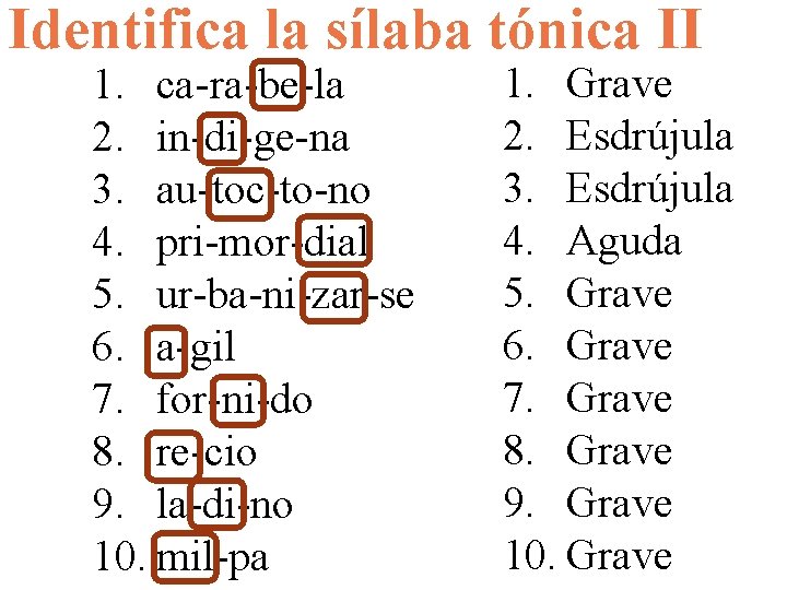 Identifica la sílaba tónica II 1. ca-ra-be-la 2. in-di-ge-na 3. au-toc-to-no 4. pri-mor-dial 5.
