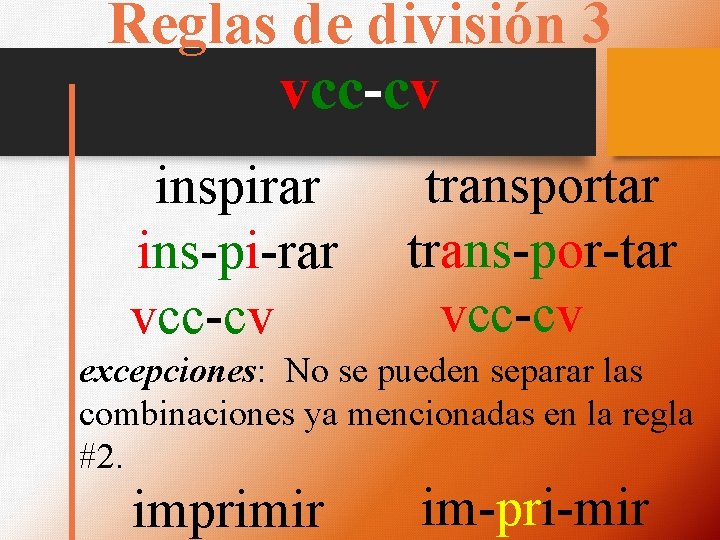 Reglas de división 3 vcc-cv inspirar ins-pi-rar vcc-cv transportar trans-por-tar vcc-cv excepciones: No se