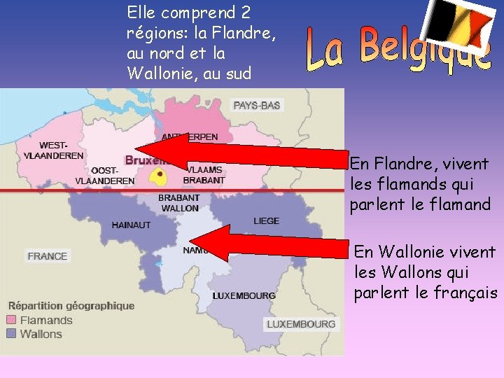 Elle comprend 2 régions: la Flandre, au nord et la Wallonie, au sud En