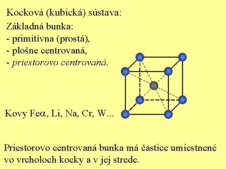 Kocková (kubická) sústava: Základná bunka: - primitívna (prostá), - plošne centrovaná, - priestorovo centrovaná.