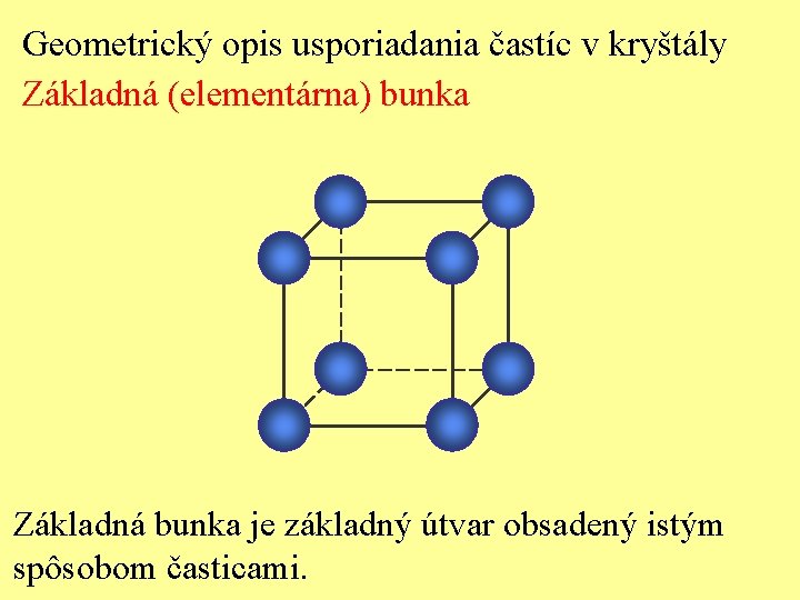 Geometrický opis usporiadania častíc v kryštály Základná (elementárna) bunka Základná bunka je základný útvar