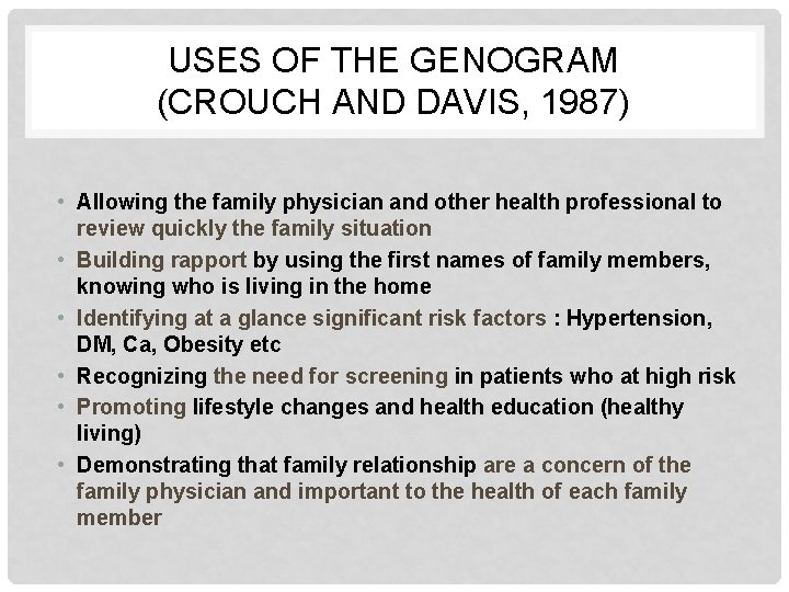 USES OF THE GENOGRAM (CROUCH AND DAVIS, 1987) • Allowing the family physician and