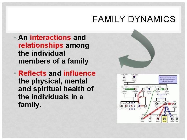FAMILY DYNAMICS • An interactions and relationships among the individual members of a family