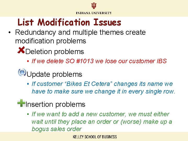 List Modification Issues • Redundancy and multiple themes create modification problems Deletion problems •