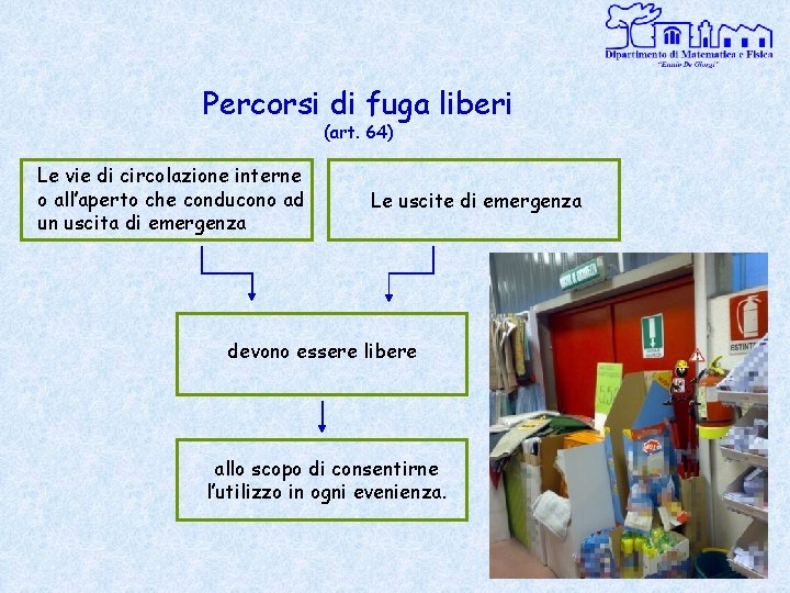 Percorsi di fuga liberi (art. 64) Le vie di circolazione interne o all’aperto che