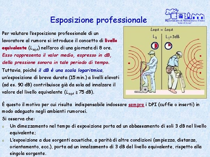 Esposizione professionale Per valutare l’esposizione professionale di un lavoratore al rumore si introduce il